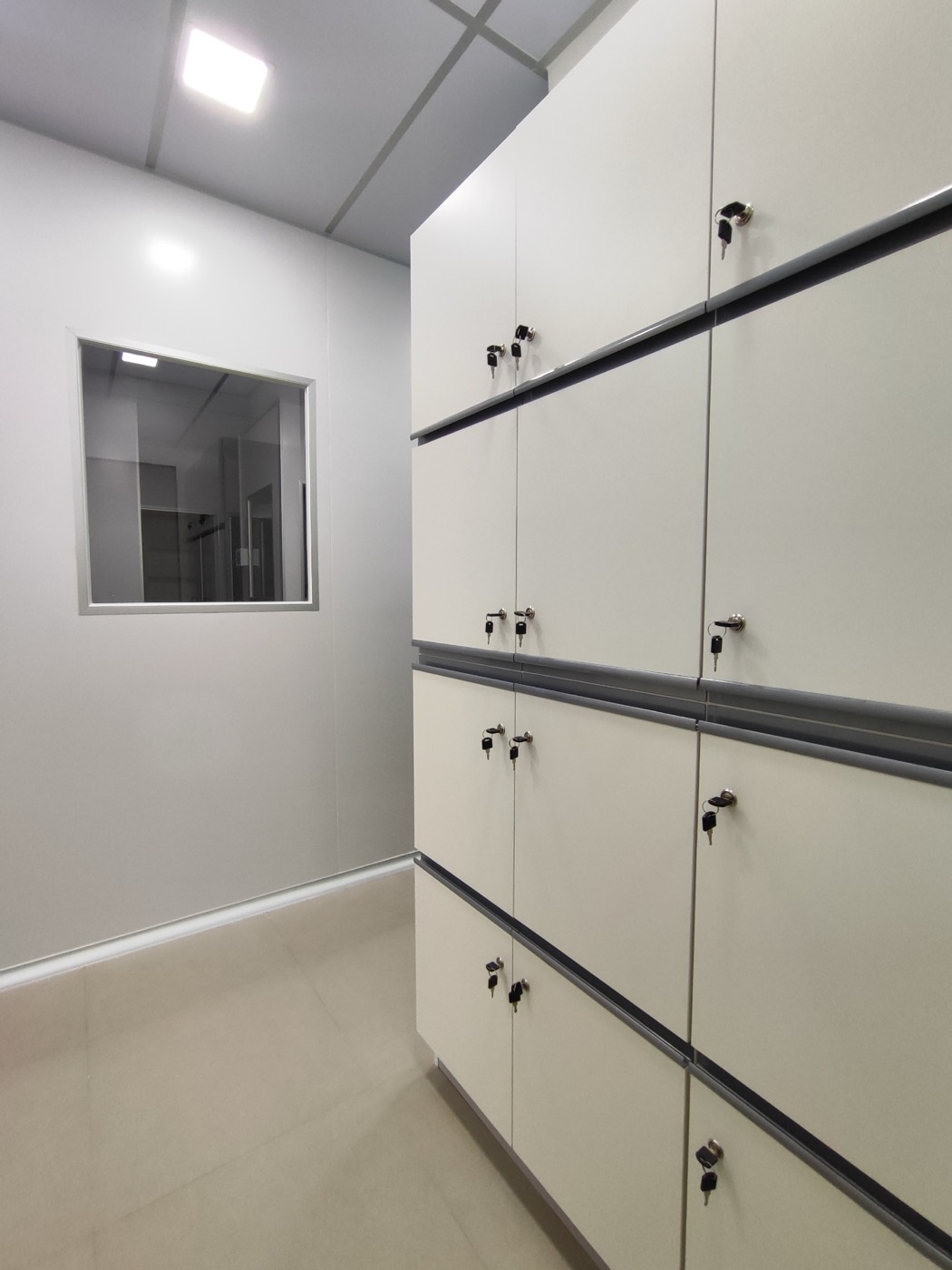 Parede de armários com portas com fechadura e visor de vidro entre ambientes